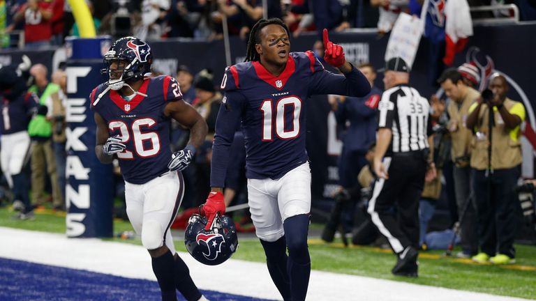 HOUSTON, TX - JANUARY 07:  DeAndre Hopkins #10 of the Houston Texans celebrates after catching a touchdown pass during the second quarter of the AFC Wild C