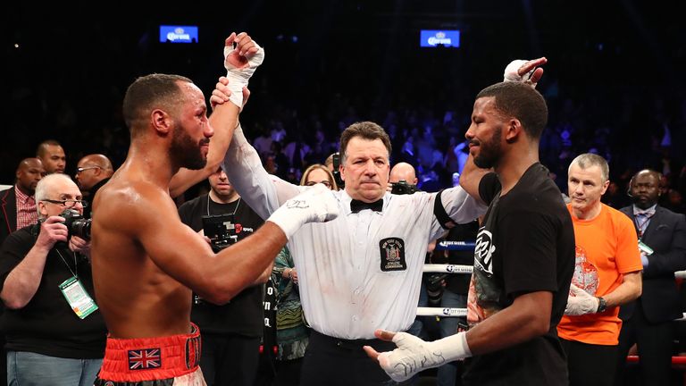 NEW YORK, NY - JANUARY 14:  Badou Jack and James DeGale react after their WBC/IBF Super Middleweight Unification bout resulted in a draw at the Barclays Ce