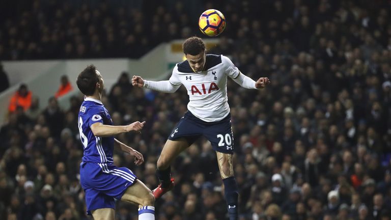 LONDON, ENGLAND - JANUARY 04:  Dele Alli of Tottenham Hotspur scores his sides first goal with a header during the Premier League match between Tottenham H