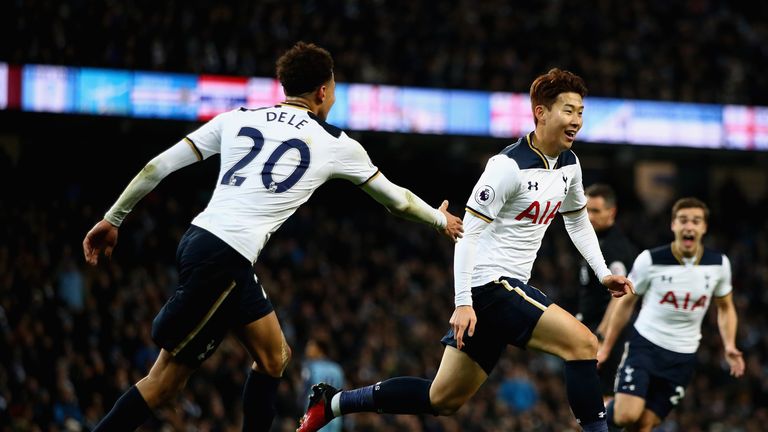 MANCHESTER, ENGLAND - JANUARY 21:  Heung-Min Son of Tottenham Hotspur celebrates scoring his sides second goal during the Premier League match between Manc
