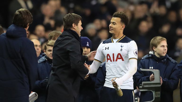 Tottenham Hotspur's Dele Alli shakes hands with manager Mauricio Pochettino 