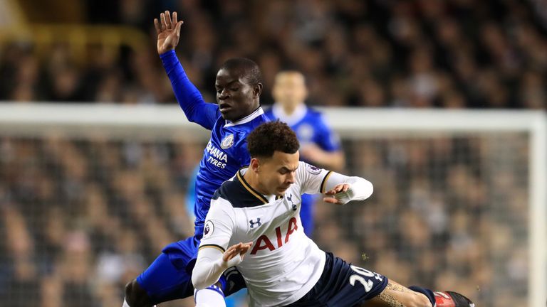 Tottenham Hotspur's Dele Alli is challenged by Chelsea's N'Golo Kante 