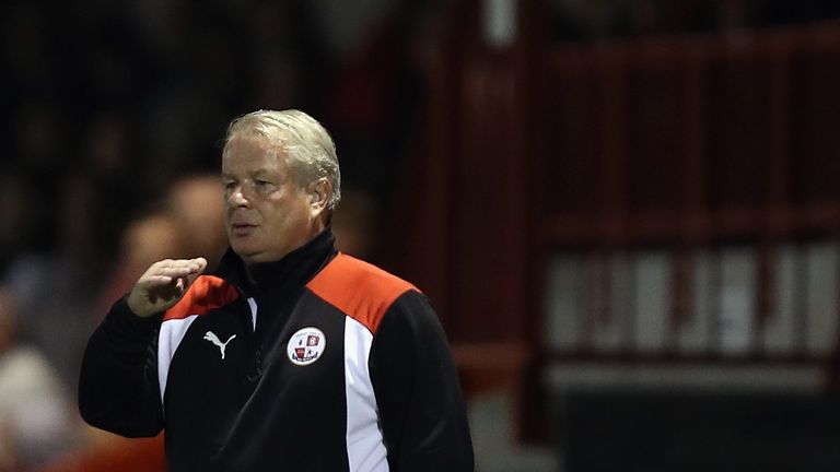 CRAWLEY, WEST SUSSEX - SEPTEMBER 27:  Crawley Head Coach Dermot Drummy looks on during the Sky Bet League Two match between Crawley Town and Colchester Uni