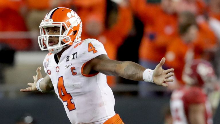 TAMPA, FL - JANUARY 09:  Quarterback Deshaun Watson #4 of the Clemson Tigers celebrates after throwing a 2-yard game-winning touchdown pass during the four