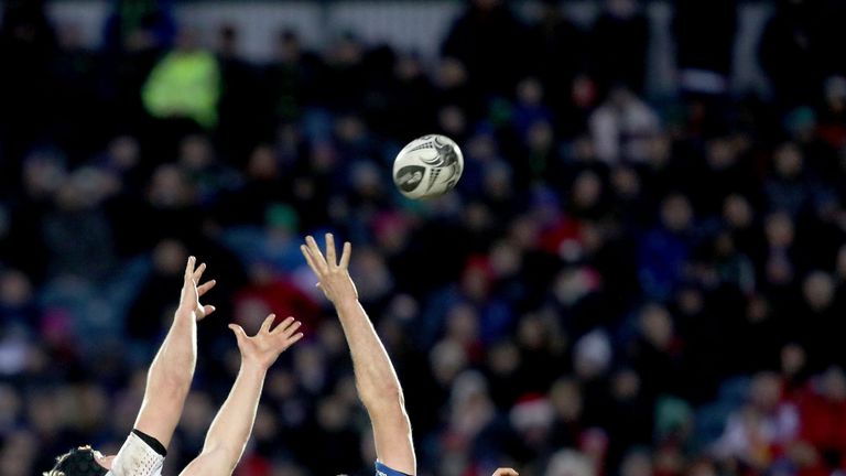 Leinster's Devin Toner (R) competes with with Kieran Treadwell of Ulster at the lineout