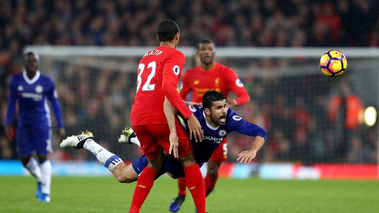 LIVERPOOL, ENGLAND - JANUARY 31: Diego Costa of Chelsea and Joel Matip of Liverpool compete for the ball  during the Premier League match between Liverpool