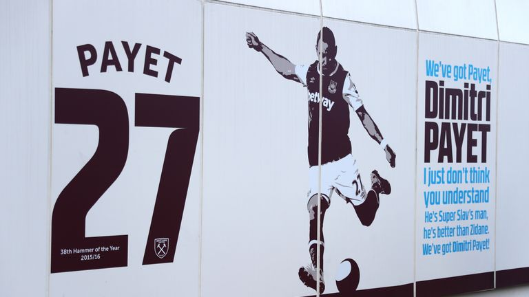 LONDON, ENGLAND - JANUARY 14:  The Dimitri Payet of West Ham United sign is seen outside the stadium prior to the Premier League match between West Ham Uni