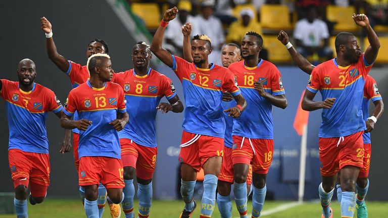 Democratic Republic of the Congo's players celebrate a goal during the 2017 Africa Cup of Nations group C football match between Togo and DR Congo in Port-