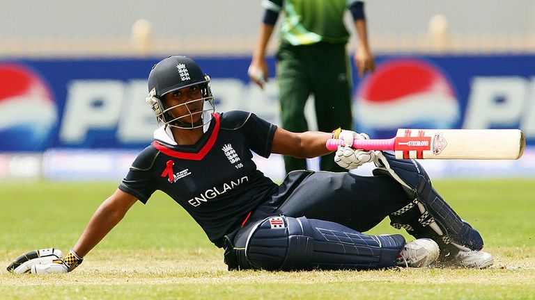 Ebony Rainford-Brent of England slips over while running between wickets during the ICC Women's World Cup 2009