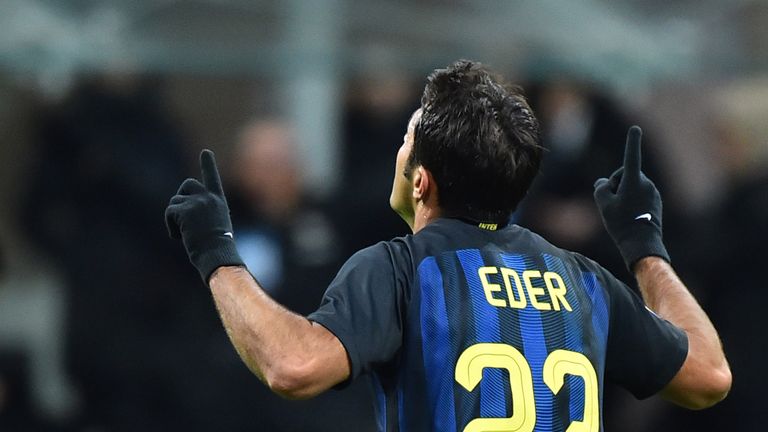 Inter Milan's forward from Brazil Eder celebrates after scoring a goal during the Italian Serie A football match between Inter Milan and Chievo at San Siro