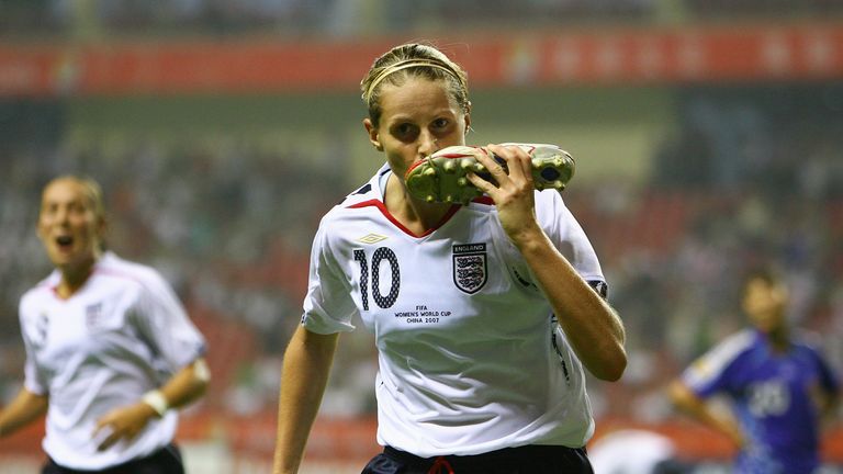 Kelly Smith celebrates scoring the first goal for England during the FIFA Women's World Cup 2007 Group A match 