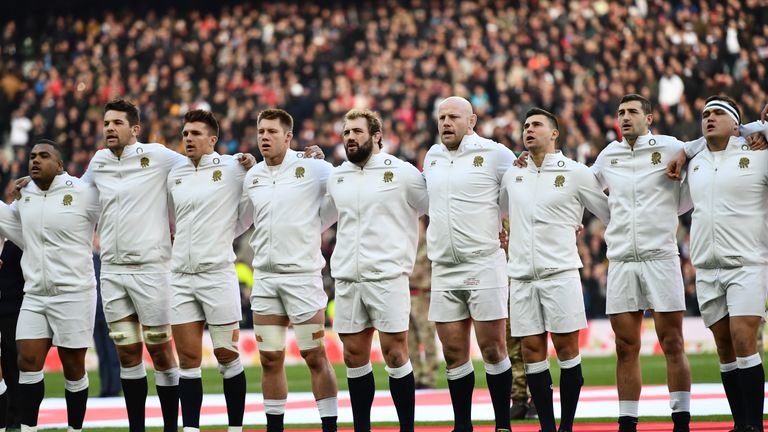 The England team take part in the national anthem  during the Old Mutual Wealth Series match between England and Australia 