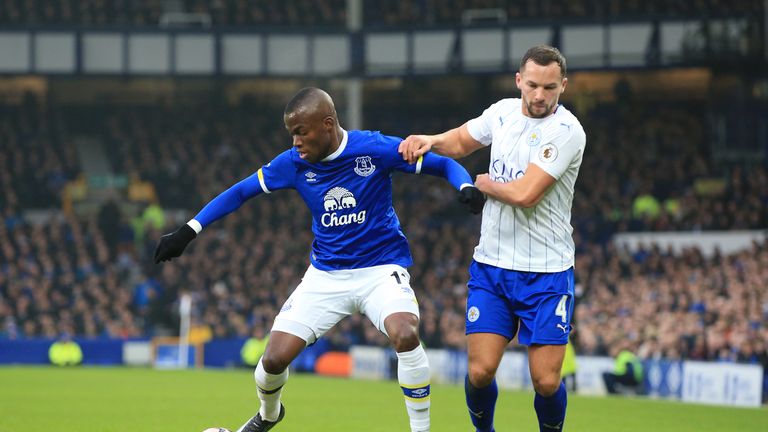 Everton's Enner Valencia (left) and Leicester City's Daniel Drinkwater battle for the ball and during the Emirates FA Cup, Third Round match at Goodison Pa