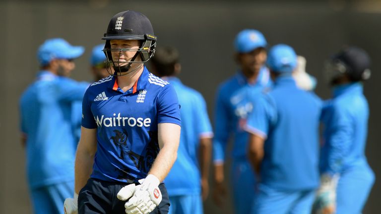 England XI captain Eoin Morgan walks back towards the pavilion after a golden duck
