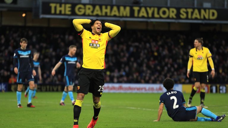 WATFORD, ENGLAND - JANUARY 14:  Etienne Capoue of Watford reacts during the Premier League match between Watford and Middlesbrough at Vicarage Road on Janu