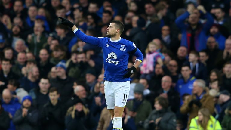 Kevin Mirallas celebrates after scoring Everton's second just after the break