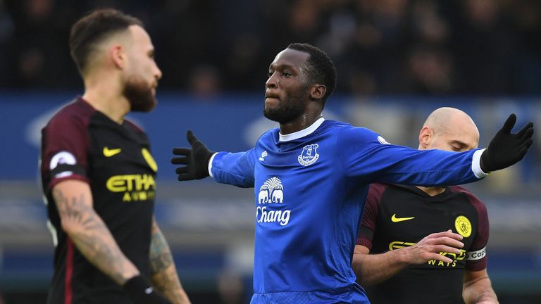 Romelu Lukaku celebrates after he puts Everton ahead at Goodison Park