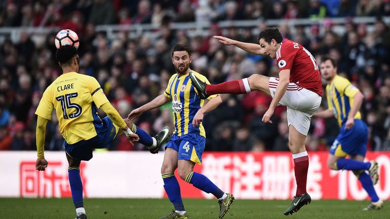 Middlesbrough midfielder Stewart Downing (2R) in FA Cup action against Accrington