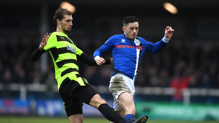 Jon Gorenc Stankovic of Huddersfield Town and Callum Camps of Rochdale compete for the ball during the Emirates FA Cup Fourth Round