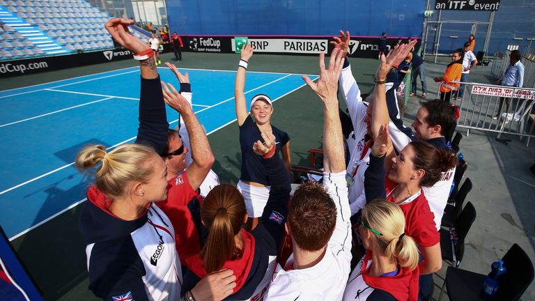 EILAT, ISRAEL - FEBRUARY 06:  The Great Britain team cheer ahead of the tie between Belgium and Great Britain on day three of the Fed Cup Europe/Africa Gro