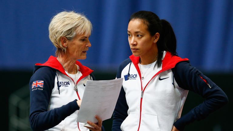 BUDAPEST, HUNGARY - FEBRUARY 05:  Captain Judy Murray talks with Anne Keothavong during day two of the Fed Cup/Africa Group One tennis at Syma Event and Co