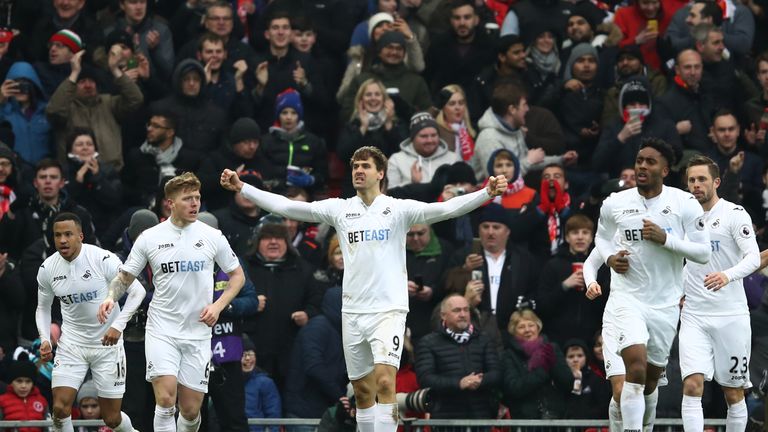 LIVERPOOL, ENGLAND - JANUARY 21: Fernando Llorente of Swansea City celebrates scoring his sides second goal during the Premier League match between Liverpo