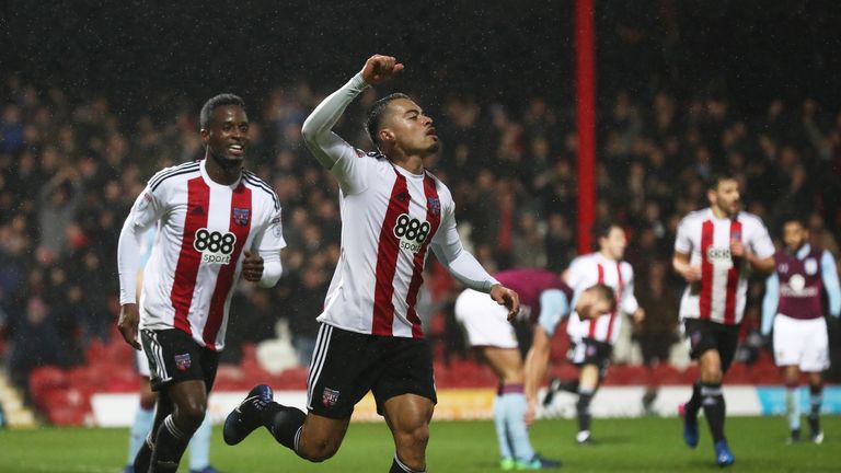 Nico Yennaris celebrates after scoring Brentford's second goal against Aston Villa