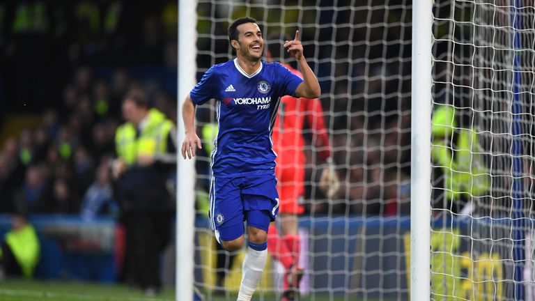 LONDON, ENGLAND - JANUARY 08:  Pedro of Chelsea celebrates scoring his sides first goal during The Emirates FA Cup Third Round match between Chelsea and Pe