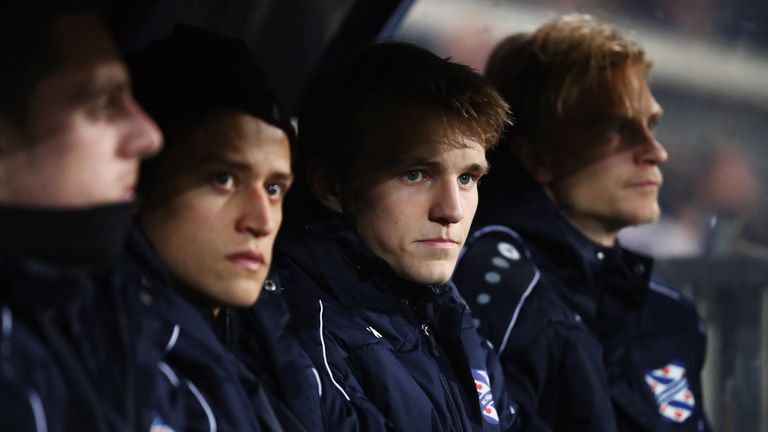 Martin Odegaard looks on from the Heerenveen bench prior to the Dutch Eredivisie match against ADo Den Haag