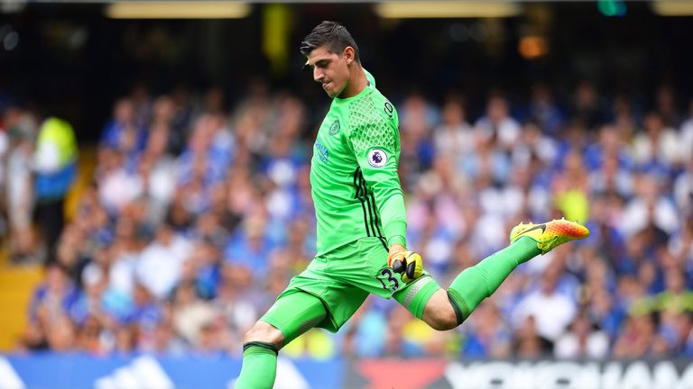 Thibaut Courtois takes a goal kick against Burnley at Stamford Bridge
