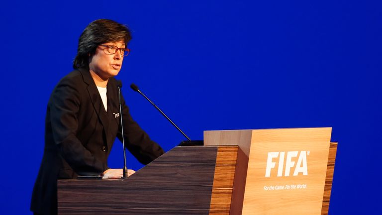Chairwoman of the FIFA Moya Dodd speaks to the audience during the 64th FIFA Congress at the Expocenter Transamerica