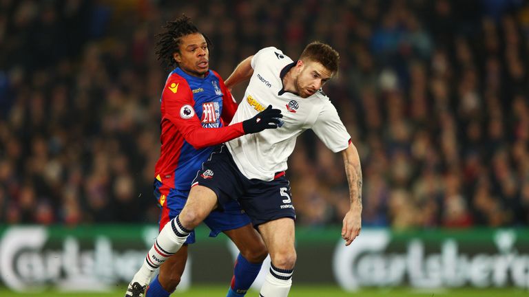 Loic Remy of Crystal Palace (L) and Mark Beevers of Bolton in FA Cup action