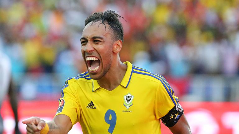 Gabon's forward Pierre-Emerick Aubameyang celebrates after scoring a goal during the 2017 Africa Cup of Nations group A football match between Gabon and Gu