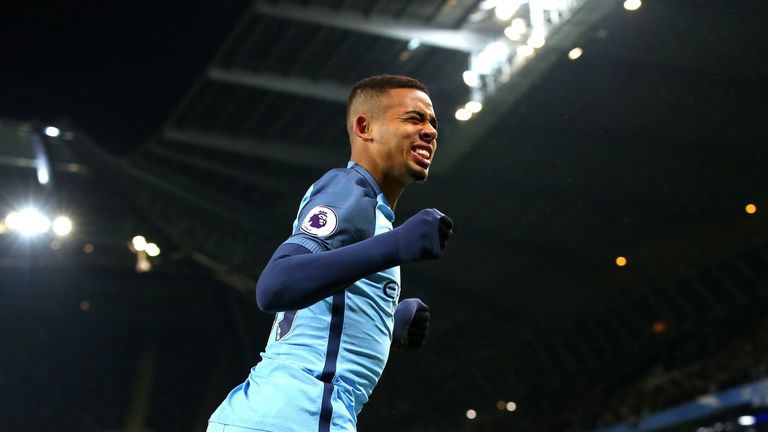 MANCHESTER, ENGLAND - JANUARY 21:  Gabriel Jesus of Manchester City celebrates as he thinks he has scored Manchester City third goal but it was rulled for 
