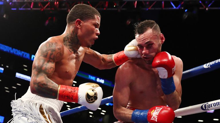 NEW YORK, NY - JANUARY 14:  Gervonta Davis punches Jose Pedraza during their IBF Junior Lightweight Championship at the Barclays Center on January 14, 2017
