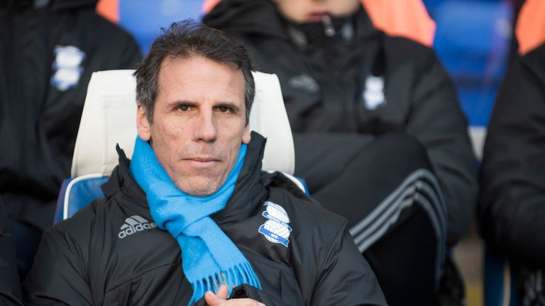 BIRMINGHAM, ENGLAND-JANUARY 2: Gianfranco Zola, manager of Birmingham City looks on during the Sky Bet Championship match between Birmingham City and Brent