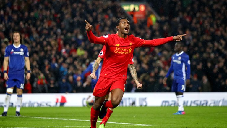 LIVERPOOL, ENGLAND - JANUARY 31:  Georginio Wijnaldum of Liverpool celebrates scoring his side's first goal to make it 1-1 during the Premier League match 