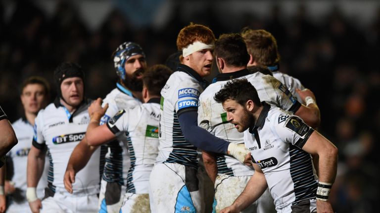 Glasgow wing Tommy Seymour (r) celebrates the first try during the European Rugby Champions Cup match between Leicester and Glasgow 21/01/2017