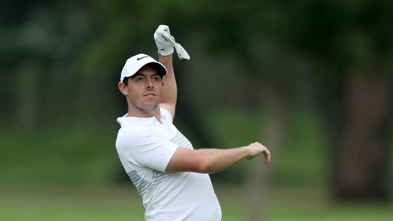 JOHANNESBURG, SOUTH AFRICA - JANUARY 13:  Rory McIlroy of Northern Ireland plays his second shot on the18th hole during the second round of the 2017 BMW So
