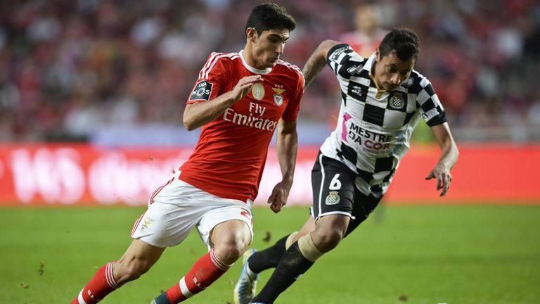 Benfica's forward Goncalo Guedes (L) vies with Boavista's Brazilian defender Anderson Correia (R) during the Portuguese league football match SL Benfica vs