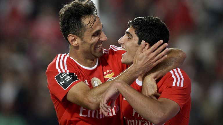 Benfica's Brazilian forward Jonas Oliveira (L) celebrates with his teammate Benfica's forward Goncalo Guedes (R) after scoring during the Portuguese league