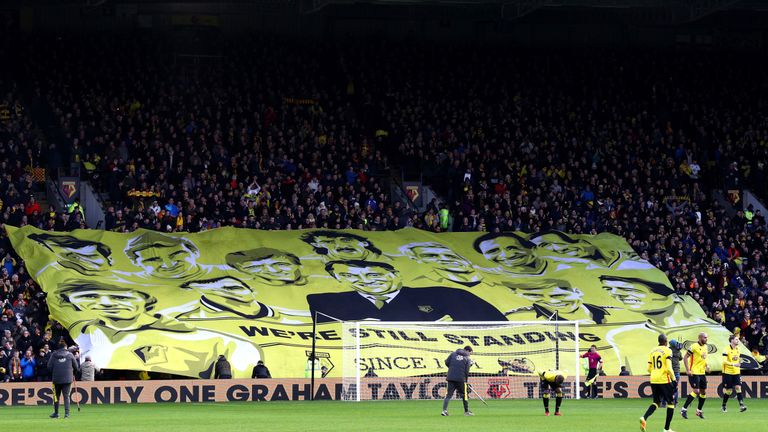 Watford fans display a Graham Taylor banner on Saturday afternoon at Vicarage Road