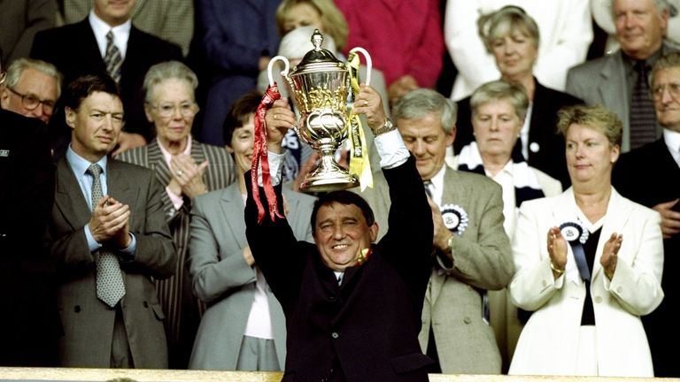 31 May 1999:  Graham Taylor the manager of Watford celebrates victory and promotion with the trophy during the Nationwide Division One Play-Off Final match