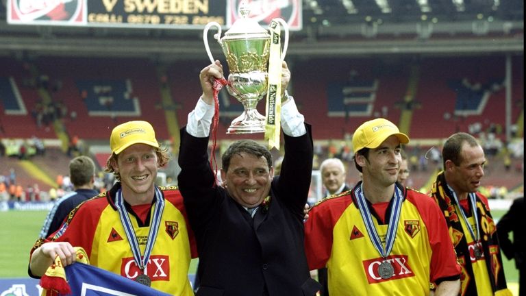 Graham Taylor celebrates Watford's win in the 1999 play-off final