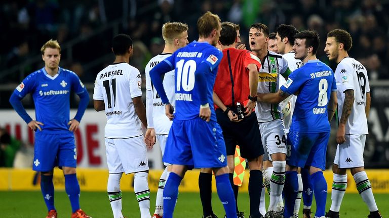 Granit Xhaka protests as he is sent off for Gladbach against Darmstadt 