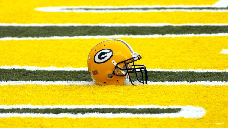 GREEN BAY, WI - MAY 5: A Green Bay Packers' helmet lies in the end zone at the first mini camp of the season at the Don Hutson Center on May 5, 2006 in Gre