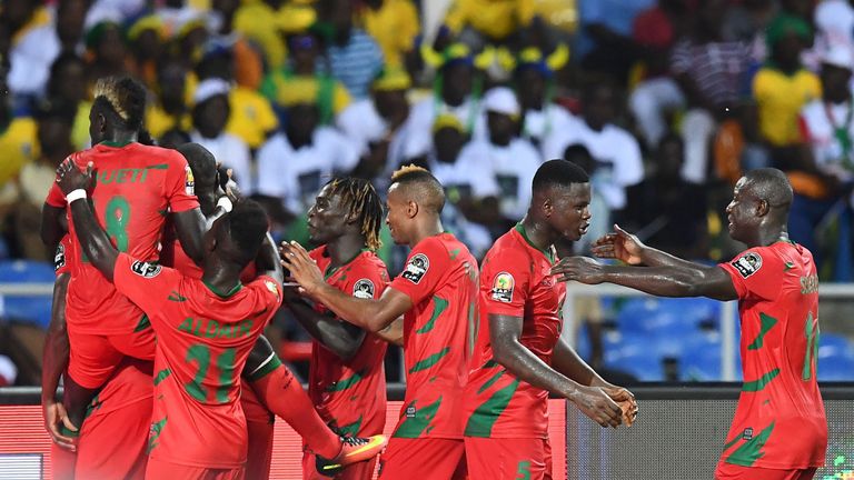 Guinea-Bissau's players celebrate after scoring a goal during the 2017 Africa Cup of Nations group A football match between Gabon and Guinea-Bissau at the 