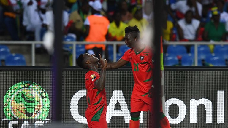 Guinea-Bissau's defender Juary Soares (L) celebrates with Guinea-Bissau's forward Aldair after scoring a goal during the 2017 Africa Cup of Nations group A