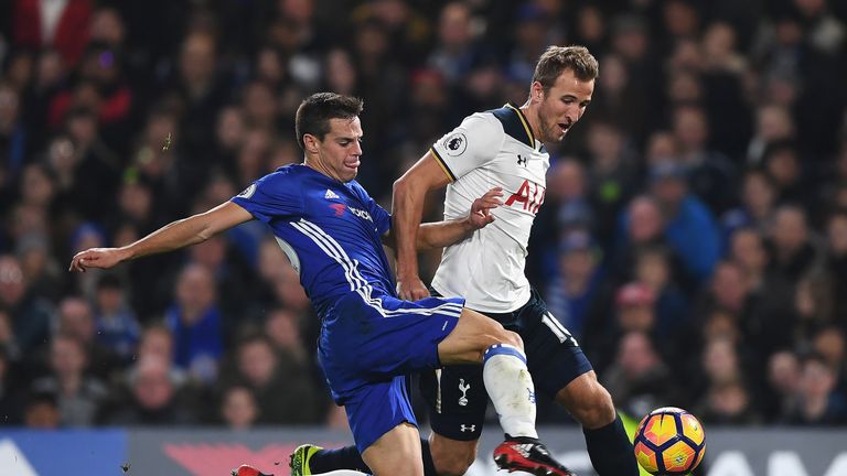 Cesar Azpilicueta and Harry Kane compete for possession at Stamford Bridge