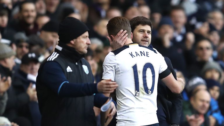 Mauricio Pochettino congratulates Harry Kane after his hat-trick against West Brom